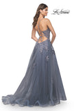 Picture of: Tulle A-line Dress with Jeweled Lace Appliques and Slit in Slate, Style: 31472, Back Picture