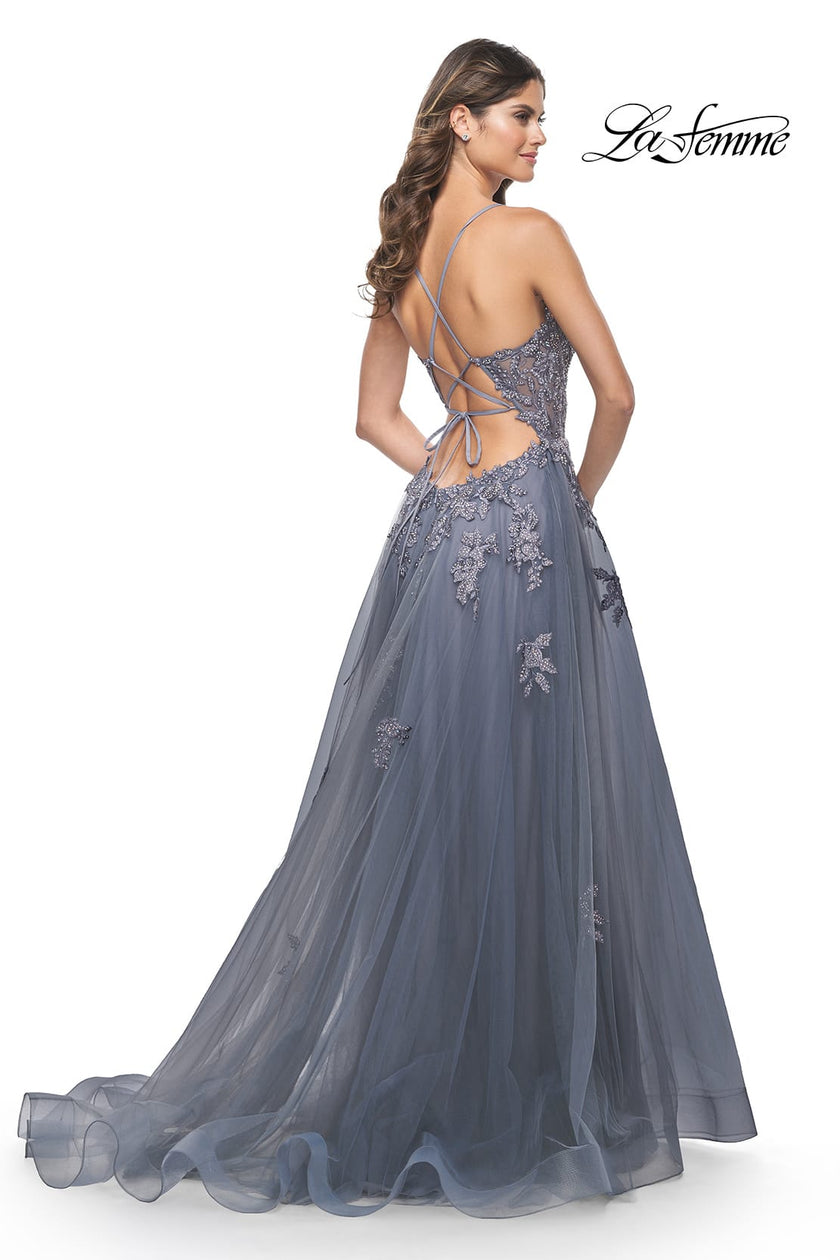 Picture of: Tulle A-line Dress with Jeweled Lace Appliques and Slit in Slate, Style: 31472, Back Picture