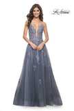 Picture of: Tulle A-line Dress with Jeweled Lace Appliques and Slit in Slate, Style: 31472, Detail Picture 1