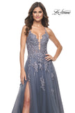 Picture of: Tulle A-line Dress with Jeweled Lace Appliques and Slit in Slate, Style: 31472, Detail Picture 3