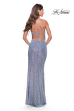 Picture of: Sequin Prom Dress with Ruching and Open Tie Back in Slate, Style: 31349, Detail Picture 7