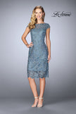 Picture of: Short Metallic Lace Dress with Sheer Top and Hem in Slate Blue, Style: 24861, Main Picture