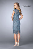 Picture of: Short Metallic Lace Dress with Sheer Top and Hem in Slate Blue, Style: 24861, Back Picture