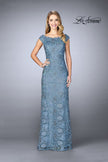 Picture of: Long Metallic Lace Prom Dress with Boat neck in Slate Blue, Style: 24860, Detail Picture 1