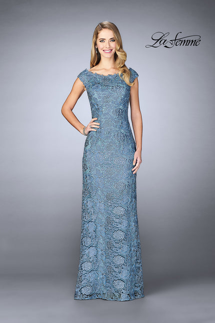 Picture of: Long Metallic Lace Prom Dress with Boat neck in Slate Blue, Style: 24860, Detail Picture 1