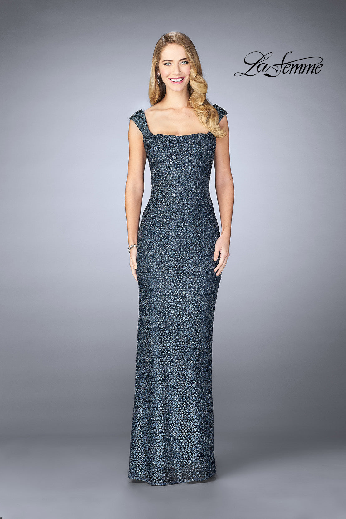 Picture of: Lace Evening Gown with Thick Straps and Beading in Slate Blue, Style: 24891, Detail Picture 1