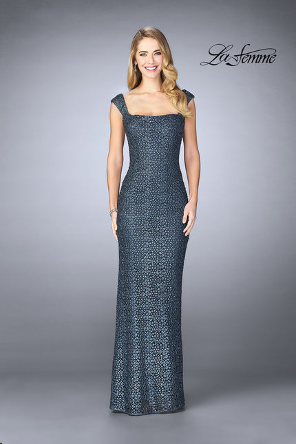 Picture of: Lace Evening Gown with Thick Straps and Beading in Slate Blue, Style: 24891, Detail Picture 1
