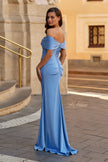Picture of: Off-the-Shoulder Gown with Draped Bow Detail in Smoky Blue, Style: 33220, Back Picture