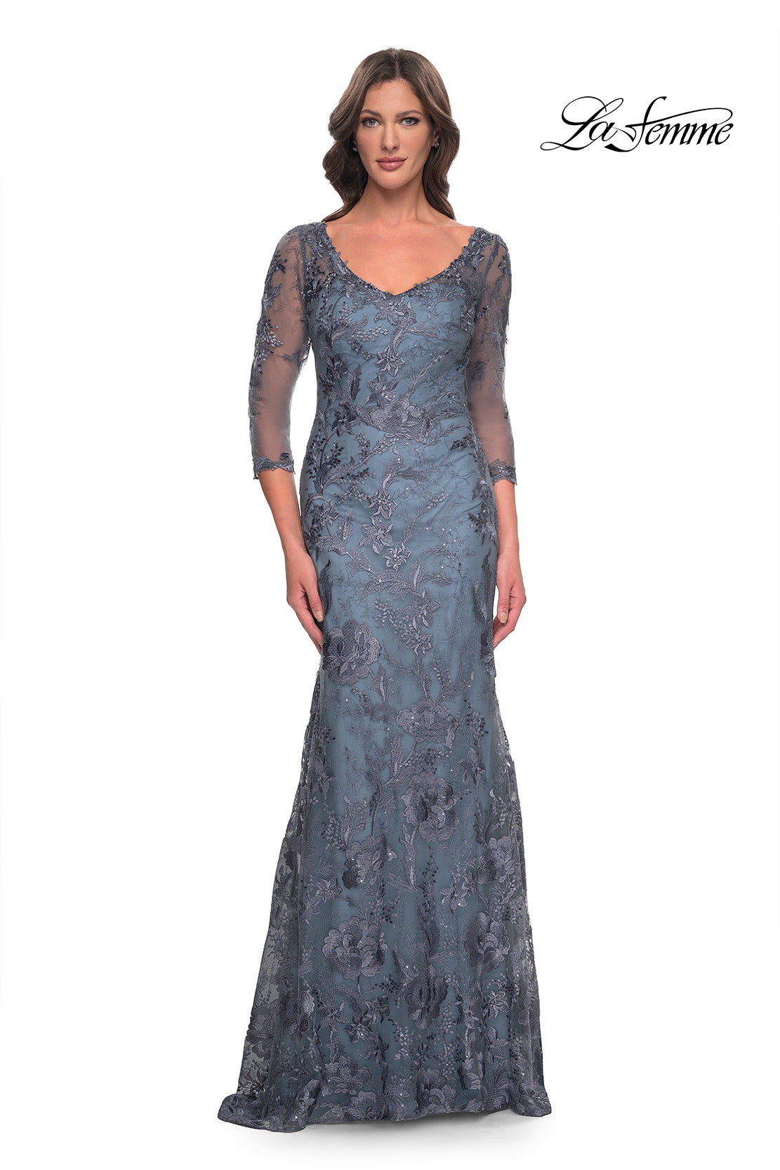 Picture of: Long Fitted Lace Dress with V Neckline and Sheer Sleeves in Smoky Blue, Style: 30130, Main Picture