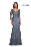 Picture of: Long Fitted Lace Dress with V Neckline and Sheer Sleeves in Smoky Blue, Style: 30130, Main Picture