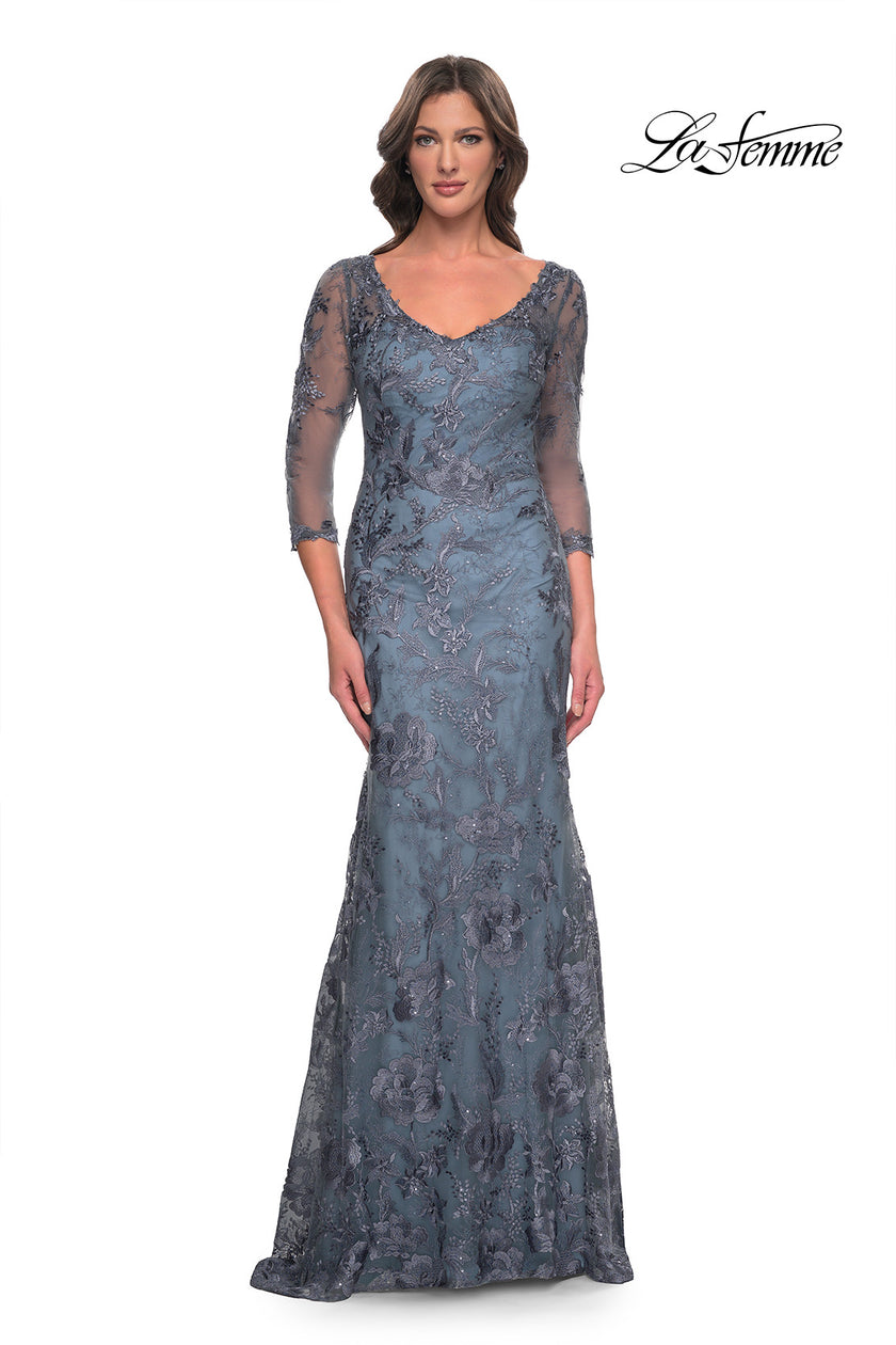 Picture of: Long Fitted Lace Dress with V Neckline and Sheer Sleeves in Smoky Blue, Style: 30130, Main Picture