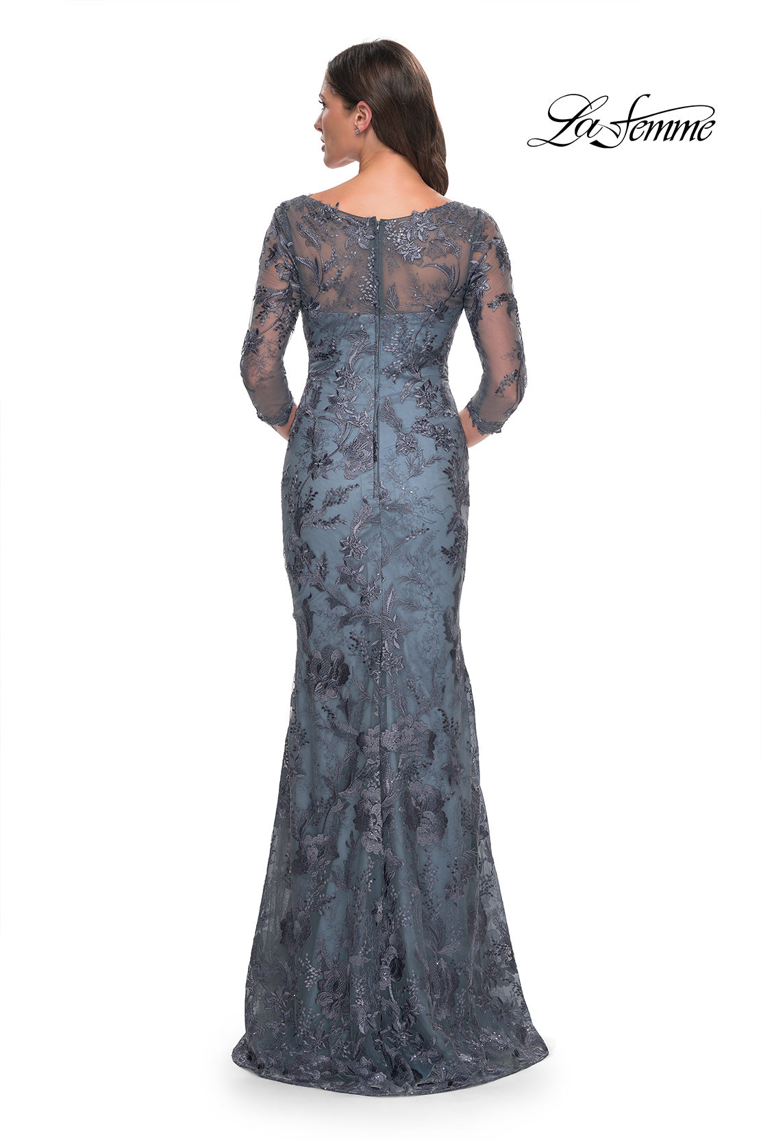 Picture of: Long Fitted Lace Dress with V Neckline and Sheer Sleeves in Smoky Blue, Style: 30130, Back Picture