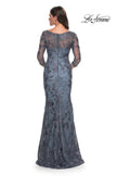 Picture of: Long Fitted Lace Dress with V Neckline and Sheer Sleeves in Smoky Blue, Style: 30130, Back Picture