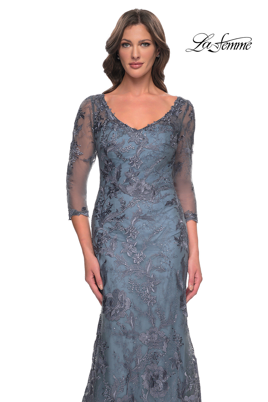 Picture of: Long Fitted Lace Dress with V Neckline and Sheer Sleeves in Smoky Blue, Style: 30130, Detail Picture 3