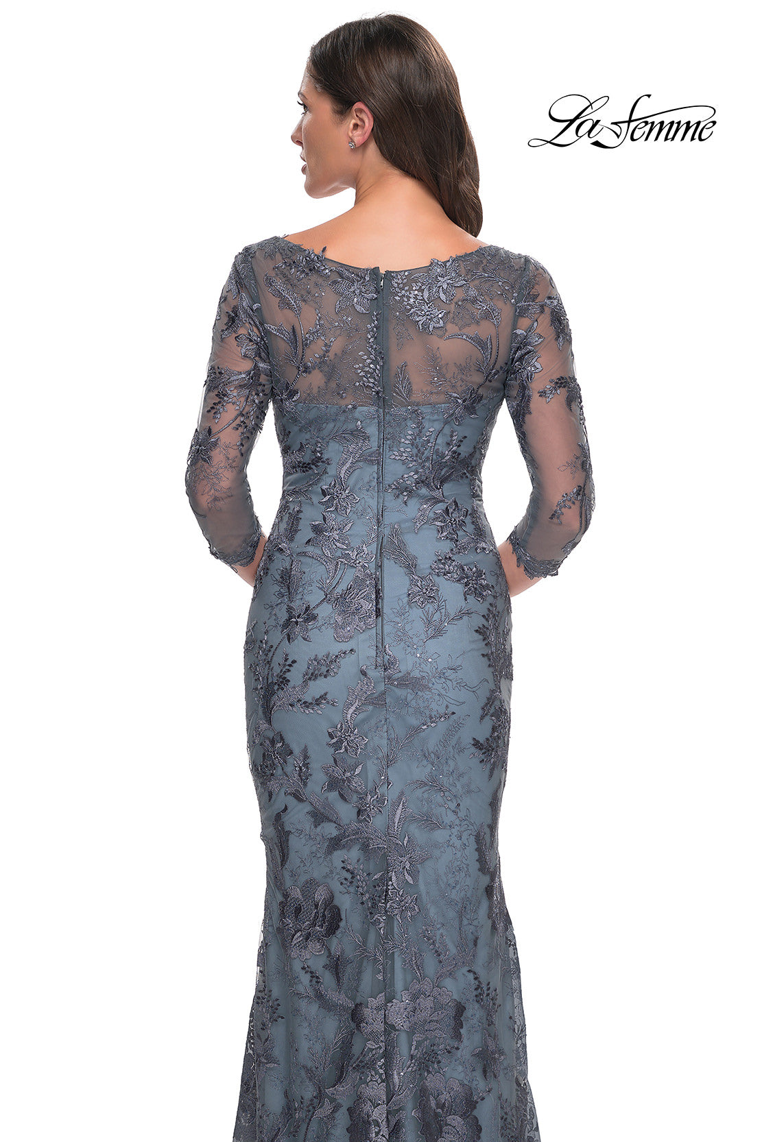 Picture of: Long Fitted Lace Dress with V Neckline and Sheer Sleeves in Smoky Blue, Style: 30130, Detail Picture 4