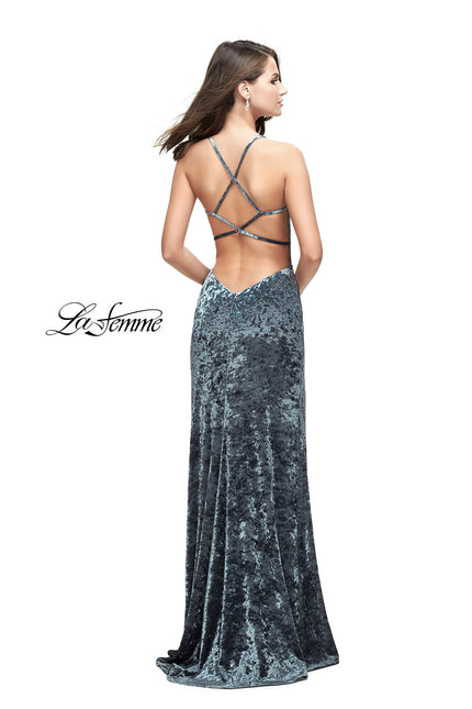 Picture of: Crushed Velvet Form Fitting Gown with Leg Slit and Open Back in Steel Gray, Style: 25659, Back Picture