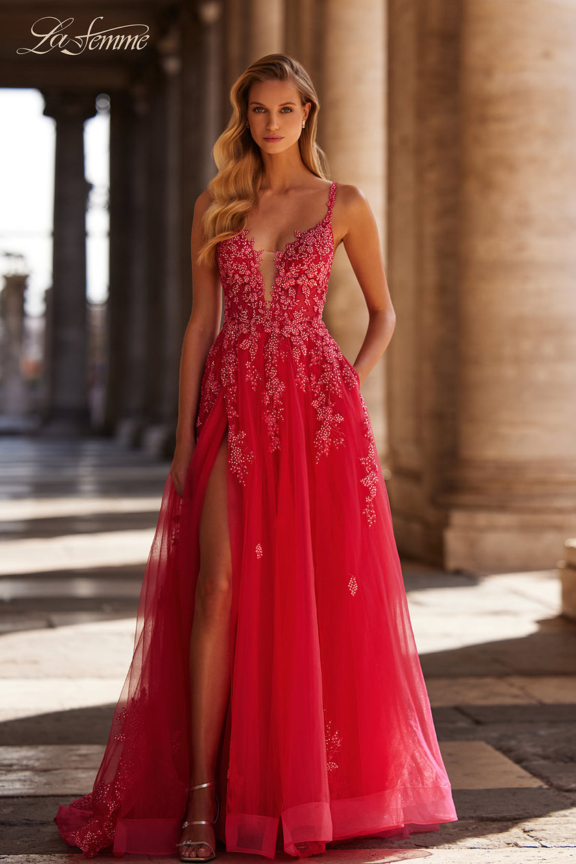 Picture of: Beautiful Lace Embellished A-Line Tulle Prom Dress with Deep V in Strawberry, Style: 32062, Main Picture