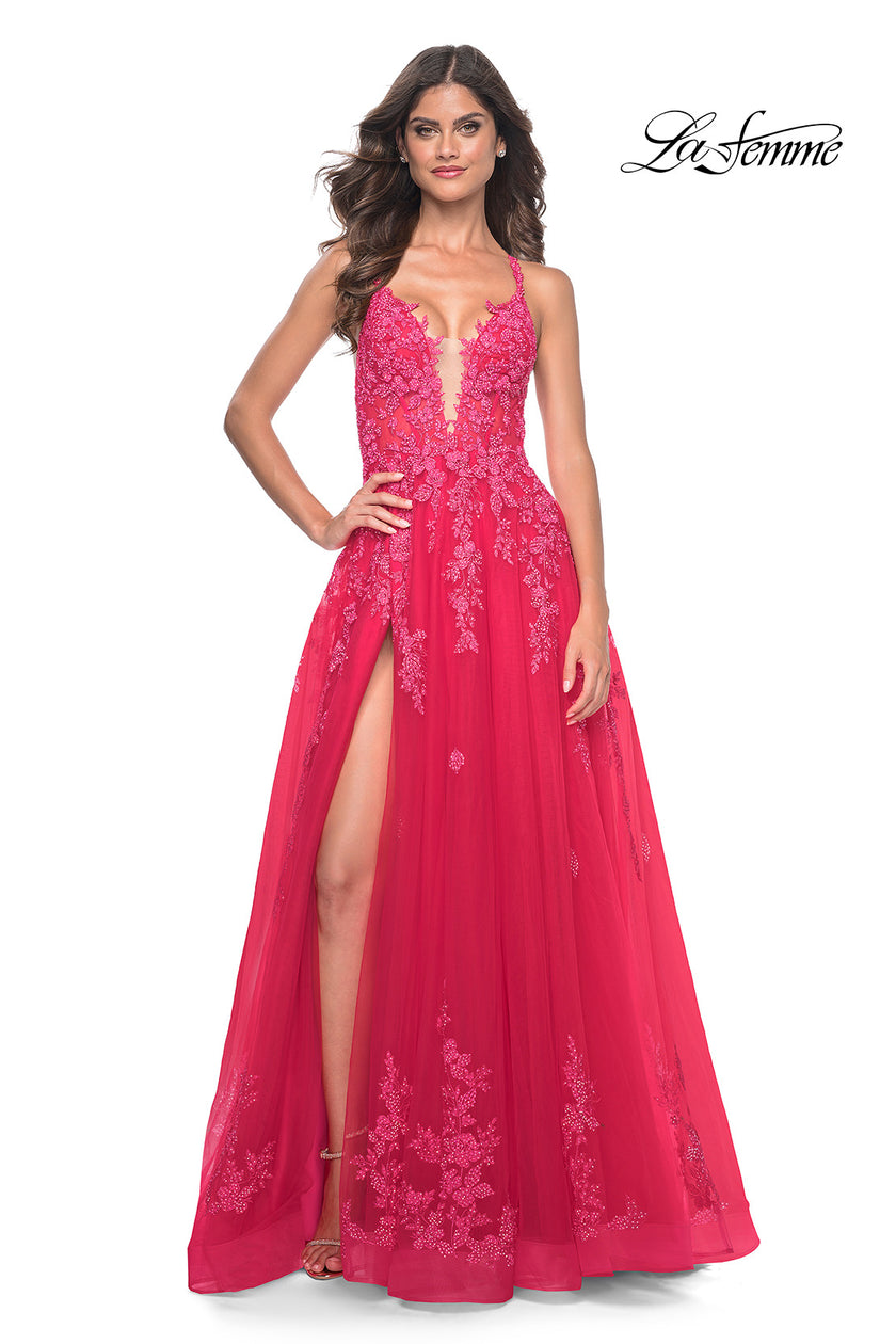 Picture of: Beautiful Lace Embellished A-Line Tulle Prom Dress with Deep V in Strawberry, Style: 32062, Detail Picture 8