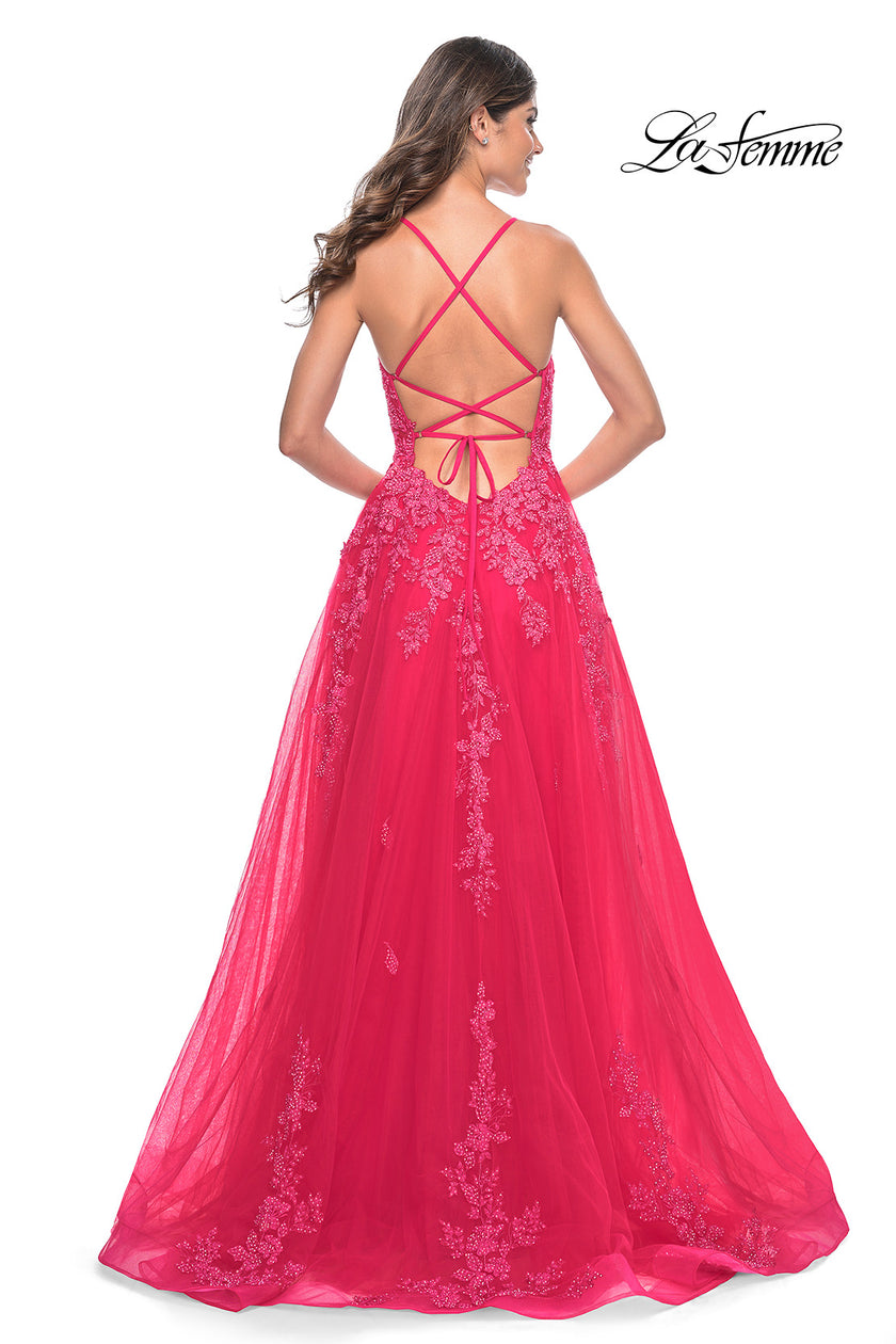 Picture of: Beautiful Lace Embellished A-Line Tulle Prom Dress with Deep V in Strawberry, Style: 32062, Detail Picture 9