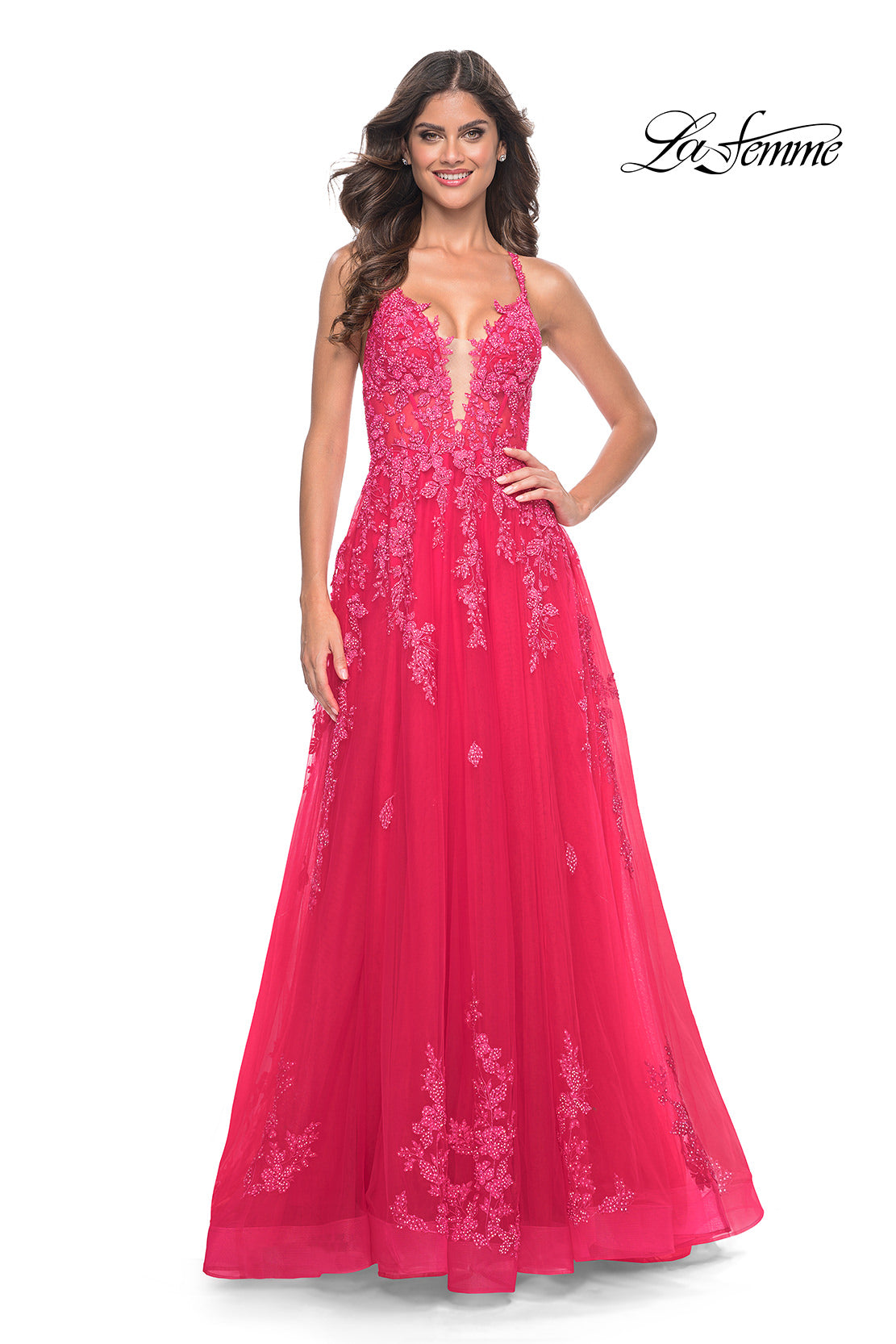 Picture of: Beautiful Lace Embellished A-Line Tulle Prom Dress with Deep V in Strawberry, Style: 32062, Detail Picture 17