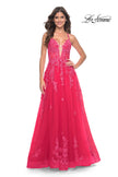Picture of: Beautiful Lace Embellished A-Line Tulle Prom Dress with Deep V in Strawberry, Style: 32062, Detail Picture 17