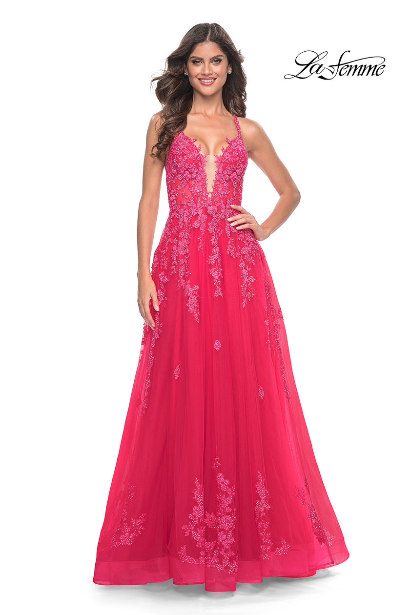 Picture of: Beautiful Lace Embellished A-Line Tulle Prom Dress with Deep V in Strawberry, Style: 32062, Detail Picture 17