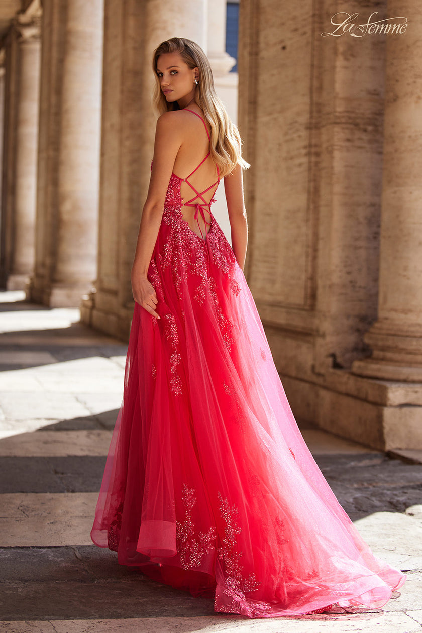 Picture of: Beautiful Lace Embellished A-Line Tulle Prom Dress with Deep V in Strawberry, Style: 32062, Back Picture
