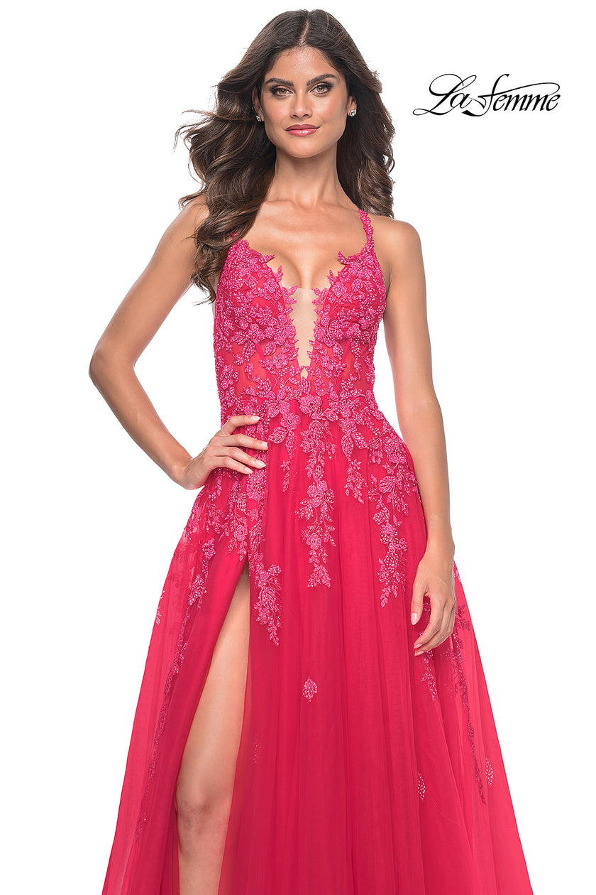Picture of: Beautiful Lace Embellished A-Line Tulle Prom Dress with Deep V in Strawberry, Style: 32062, Detail Picture 18