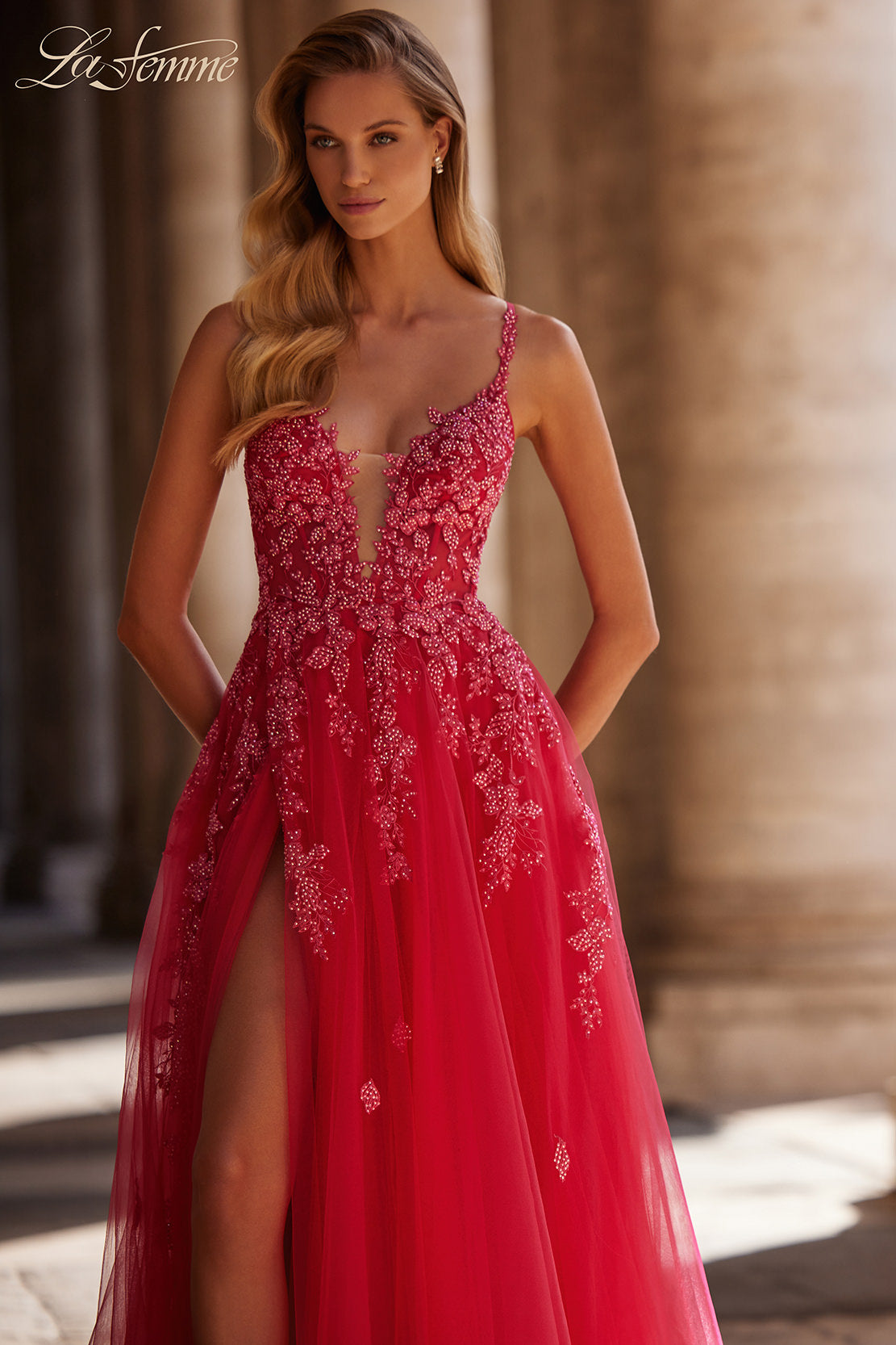 Picture of: Beautiful Lace Embellished A-Line Tulle Prom Dress with Deep V in Strawberry, Style: 32062, Detail Picture 1