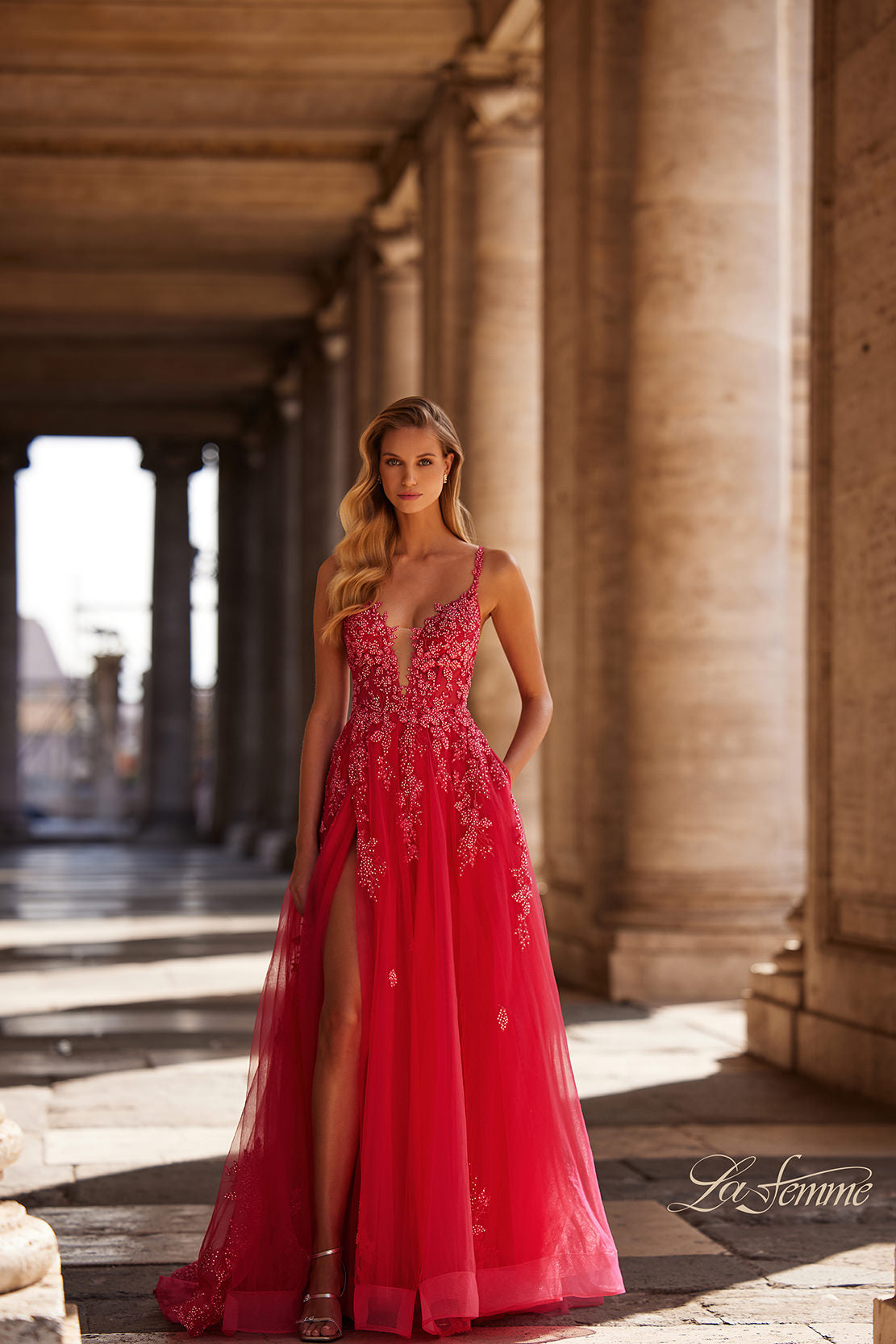 Picture of: Beautiful Lace Embellished A-Line Tulle Prom Dress with Deep V in Strawberry, Style: 32062, Detail Picture 2