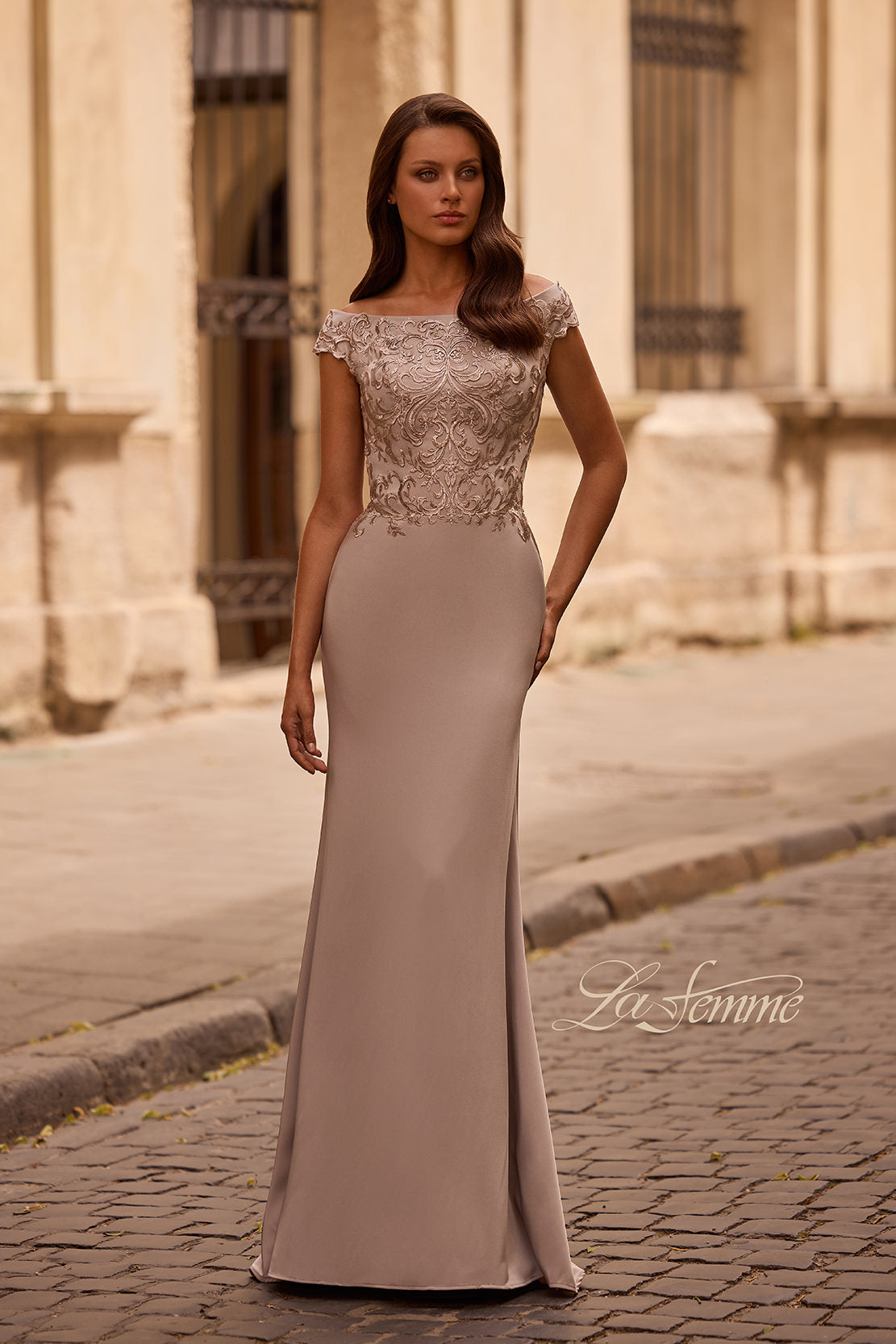 Picture of: Chic Satin Gown with Lace Off the Shoulder Top, Style: 29331, Main Picture