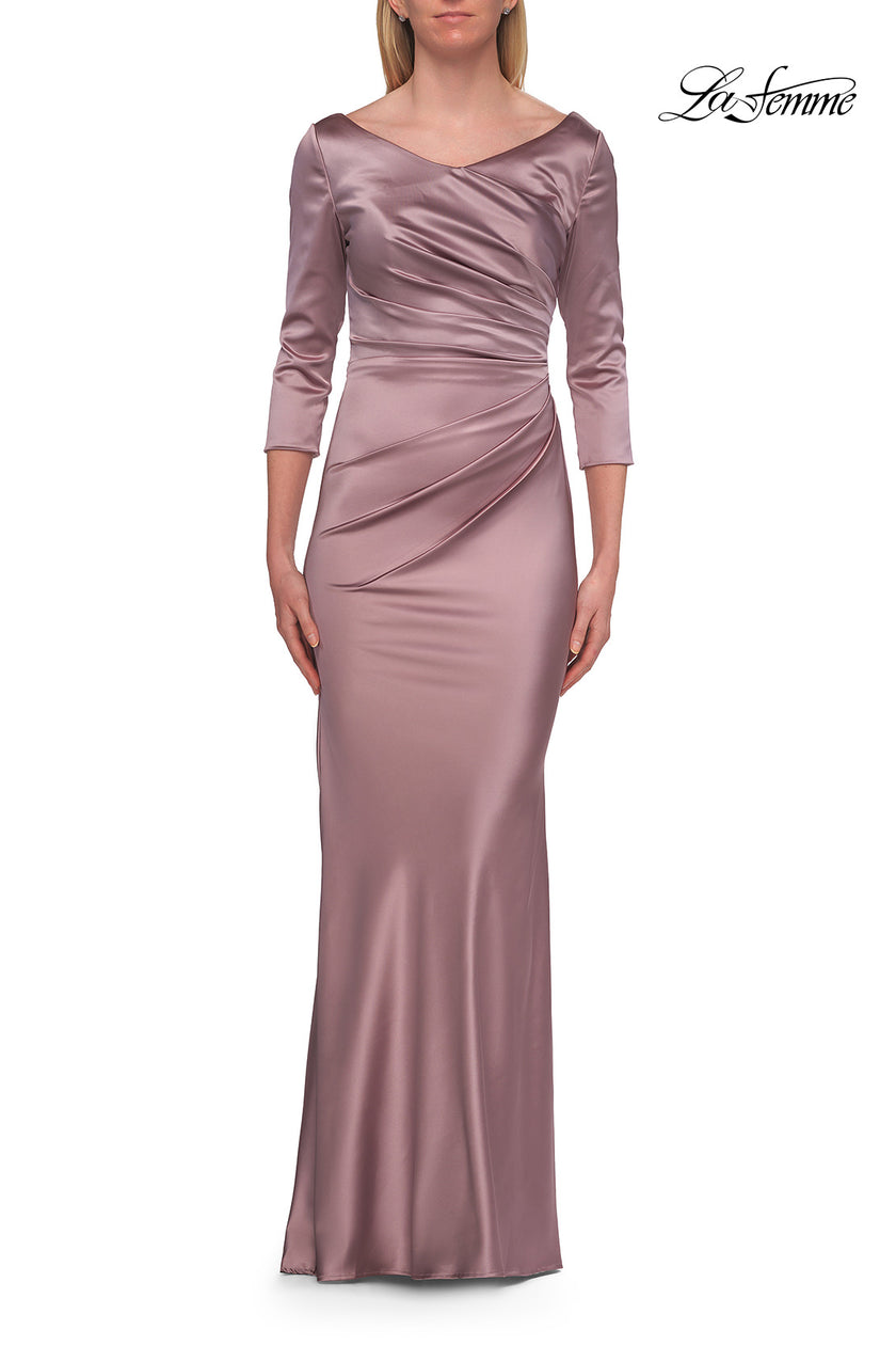 Picture of: Satin Three Quarter Sleeve Draped Evening Gown in Taupe, Style: 33408, Detail Picture 9