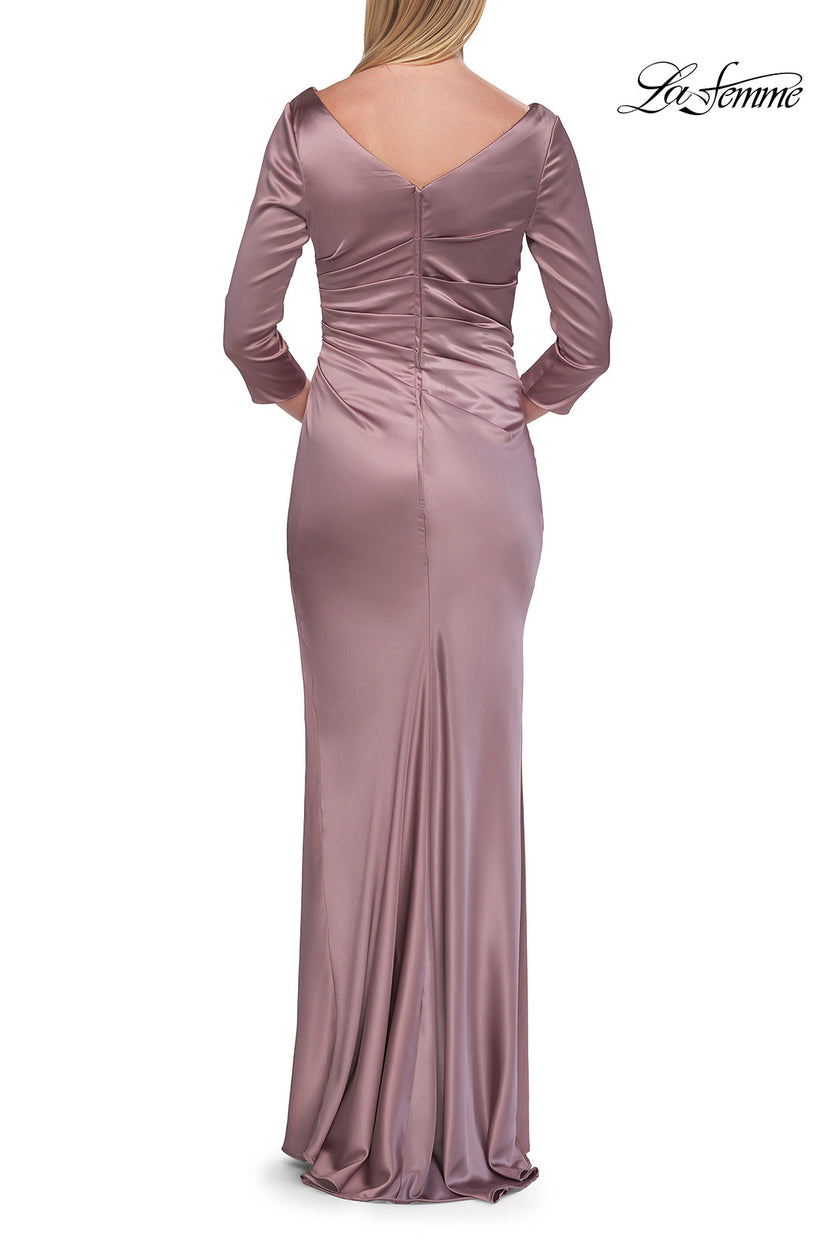 Picture of: Satin Three Quarter Sleeve Draped Evening Gown in Taupe, Style: 33408, Detail Picture 10