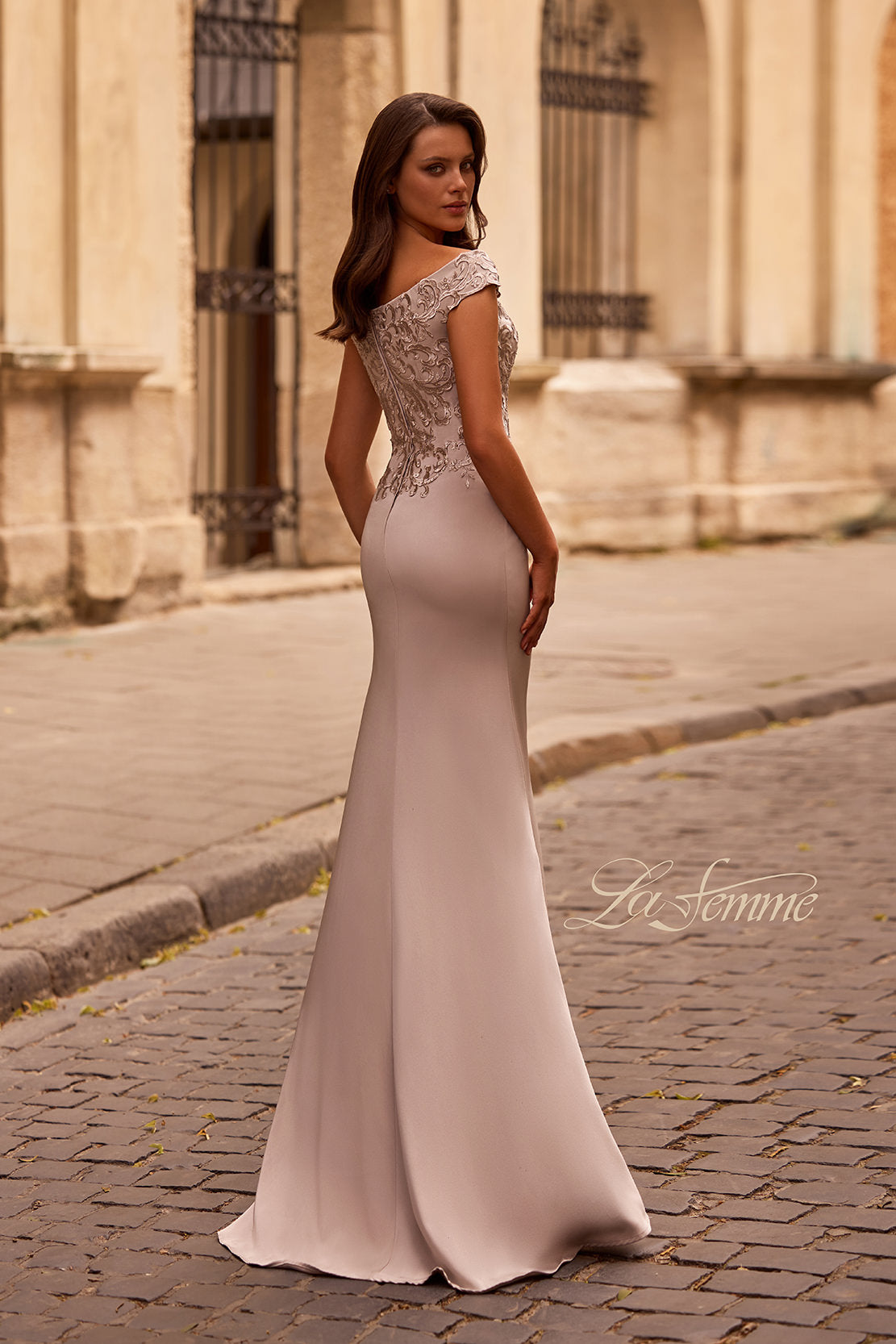 Picture of: Chic Satin Gown with Lace Off the Shoulder Top, Style: 29331, Back Picture