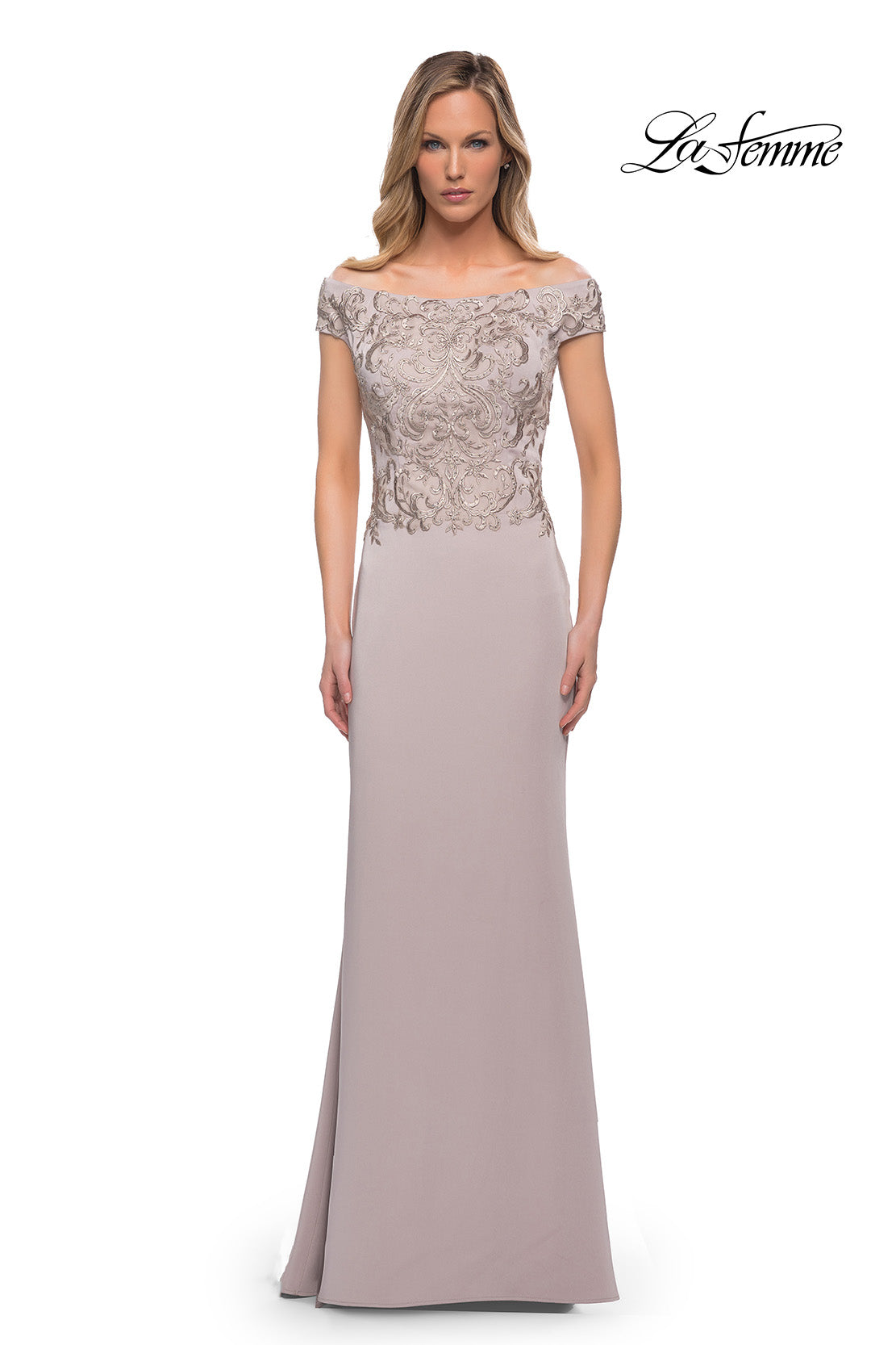 Picture of: Chic Satin Gown with Lace Off the Shoulder Top, Style: 29331, Detail Picture 3