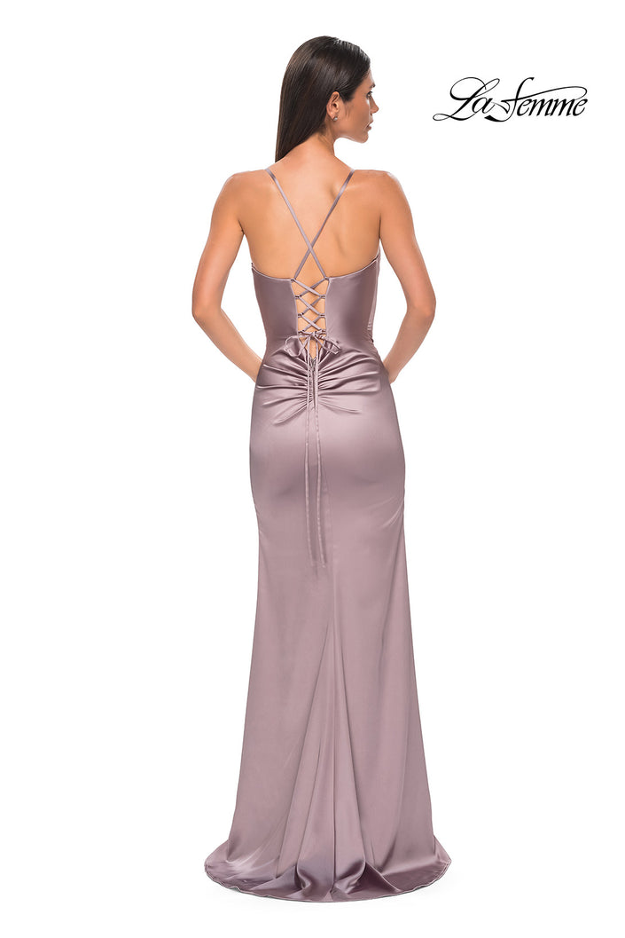 Picture of: Fitted Simple Satin Prom Dress with Lace Up Back in Taupe , Style 33010, Back Picture