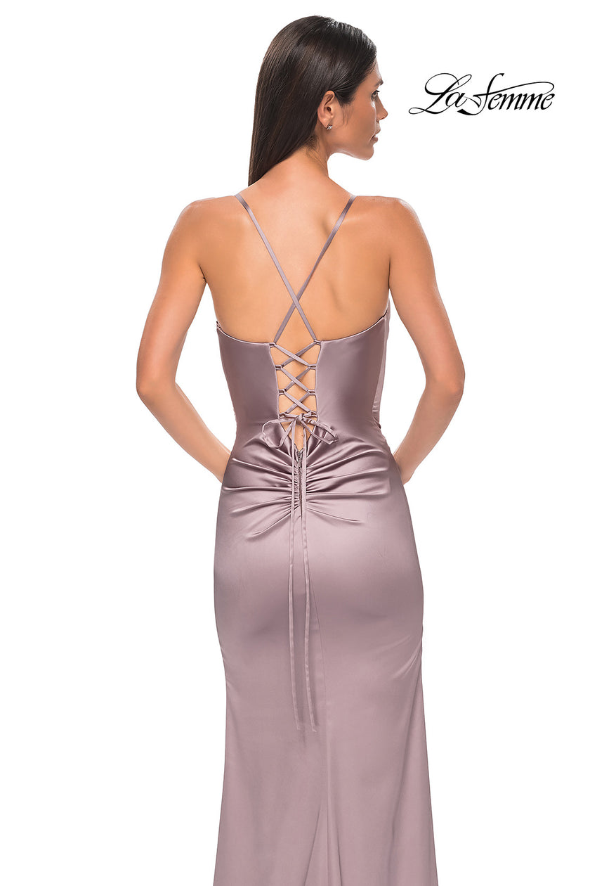 Picture of: Fitted Simple Satin Prom Dress with Lace Up Back in Taupe , Style 33010, Detail Picture 5