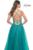 Picture of: Beautiful Lace Embellished A-Line Tulle Prom Dress with Deep V in Teal, Style: 32062, Detail Picture 11