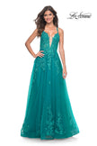 Picture of: Beautiful Lace Embellished A-Line Tulle Prom Dress with Deep V in Teal, Style: 32062, Detail Picture 12