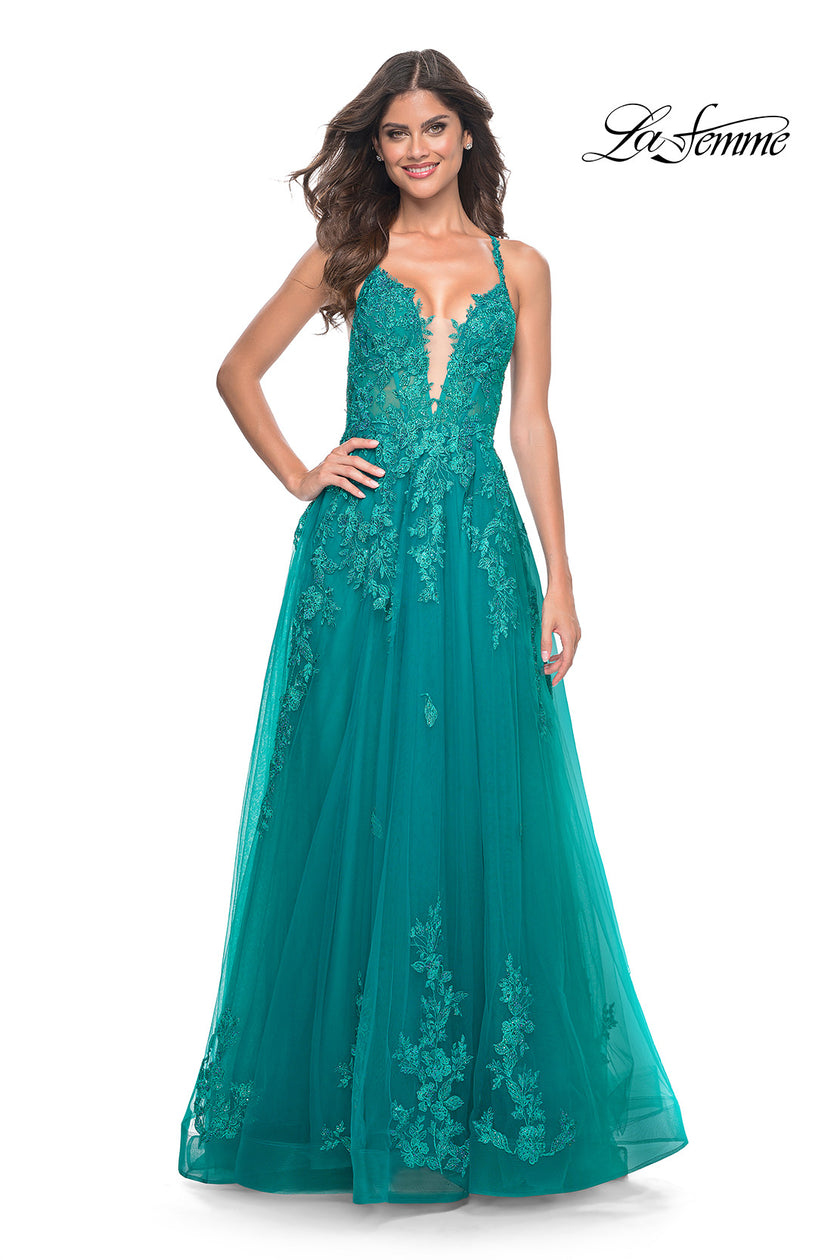 Picture of: Beautiful Lace Embellished A-Line Tulle Prom Dress with Deep V in Teal, Style: 32062, Detail Picture 12