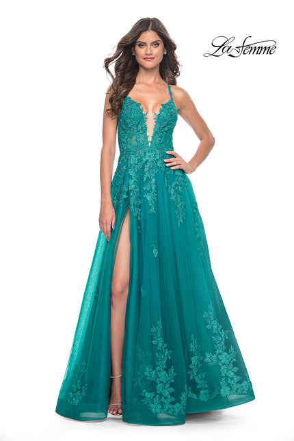 Picture of: Beautiful Lace Embellished A-Line Tulle Prom Dress with Deep V in Teal, Style: 32062, Detail Picture 4