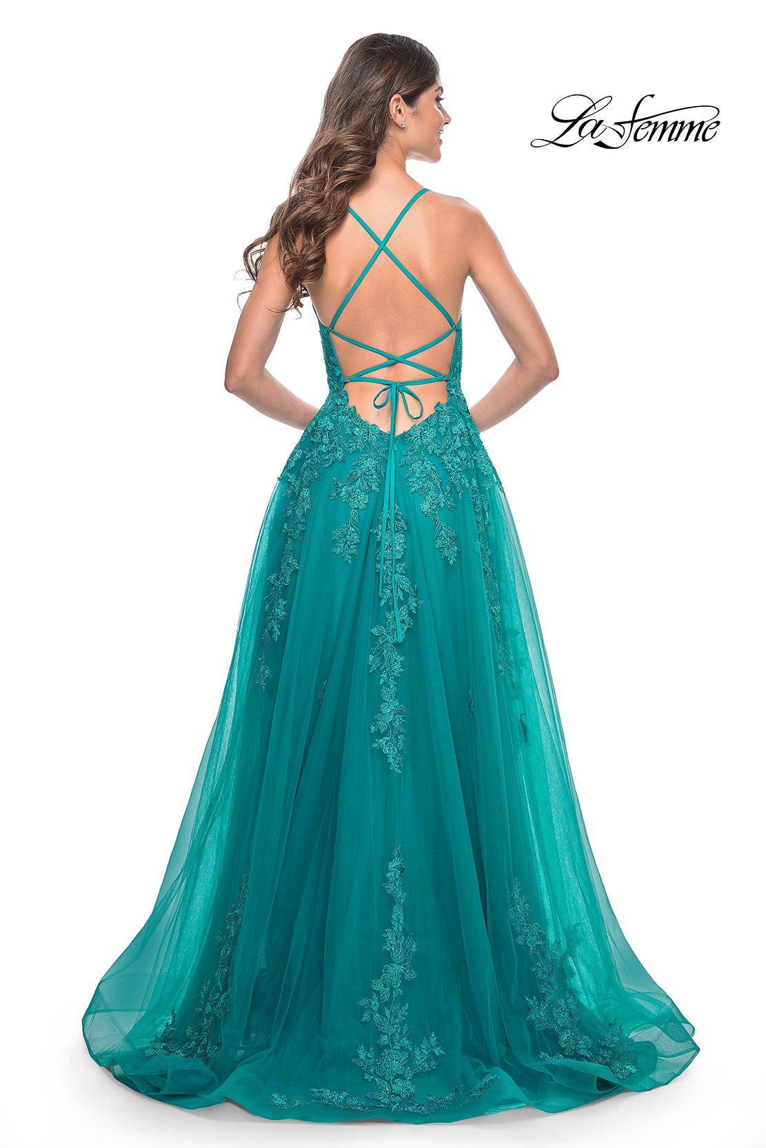 Picture of: Beautiful Lace Embellished A-Line Tulle Prom Dress with Deep V in Teal, Style: 32062, Detail Picture 5