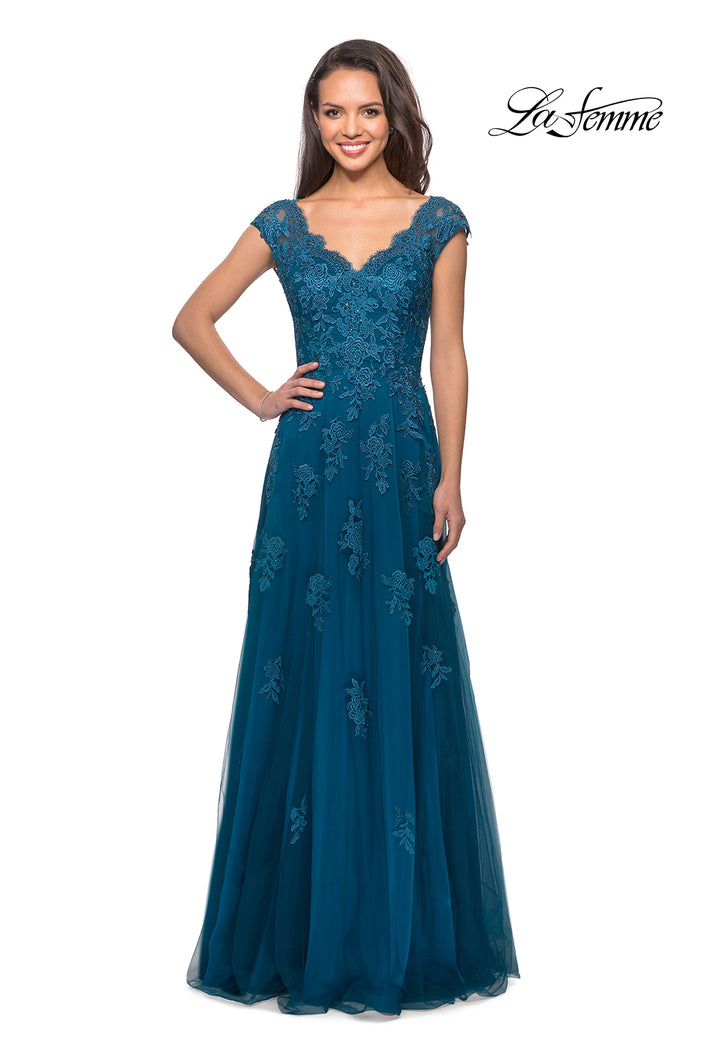 Picture of: Short Sleeve Lace Gown with Cascading Embellishments, Style: 26942, Detail Picture 9