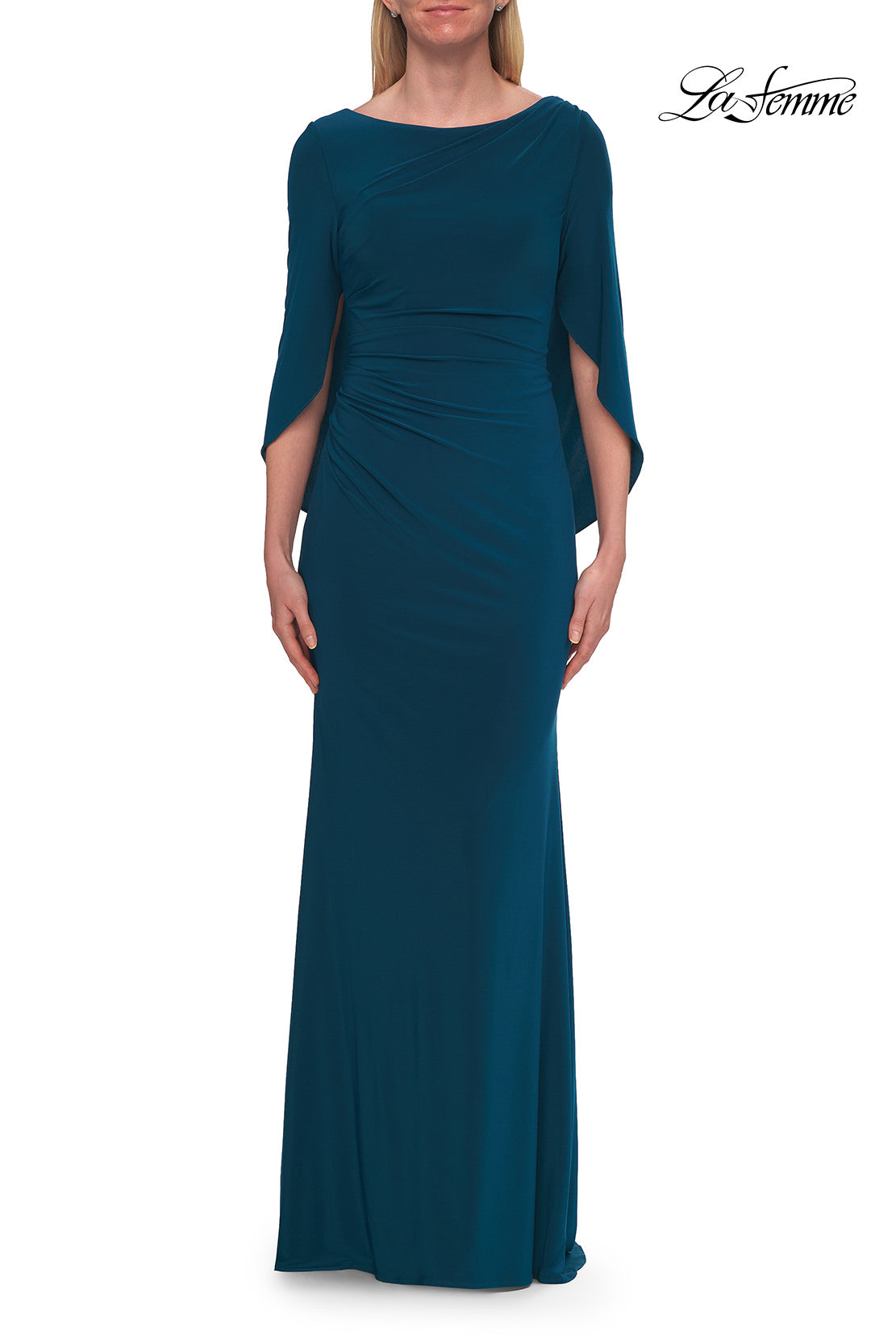 Picture of: Draped Cape Sleeve Jersey Gown with Ruched Bodice in Teal, Style: 33148, Detail Picture 10