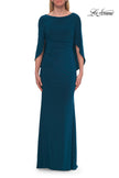 Picture of: Draped Cape Sleeve Jersey Gown with Ruched Bodice in Teal, Style: 33148, Detail Picture 10