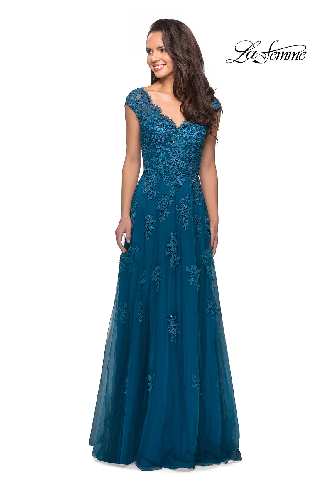 Picture of: Short Sleeve Lace Gown with Cascading Embellishments, Style: 26942, Detail Picture 11