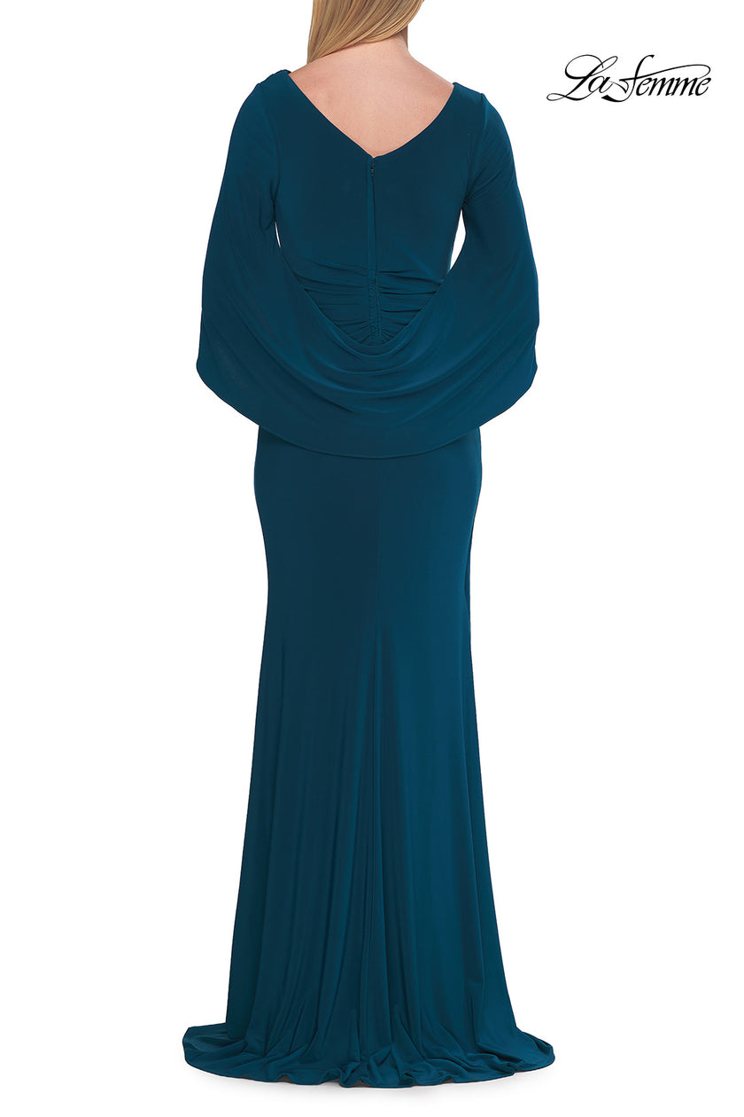Picture of: Draped Cape Sleeve Jersey Gown with Ruched Bodice in Teal, Style: 33148, Detail Picture 11