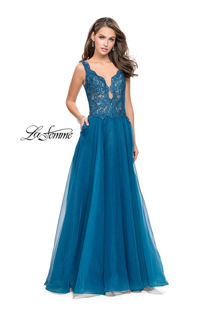 Picture of: Long A-line Prom Dress with Beaded Lace Bodice in Teal, Style: 25970, Main Picture