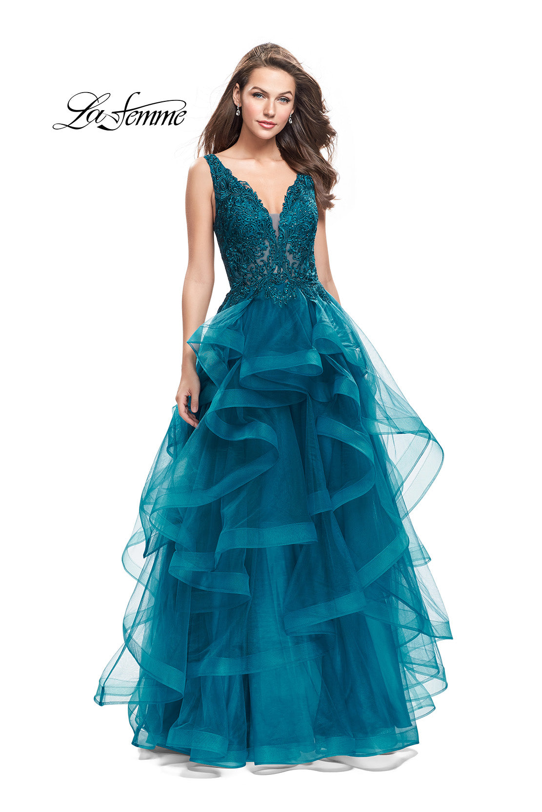 Picture of: Long Ball Gown with Cascading Ruffle Skirt and Lace in Teal, Style: 25982, Main Picture