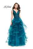 Picture of: Long Ball Gown with Cascading Ruffle Skirt and Lace in Teal, Style: 25982, Main Picture